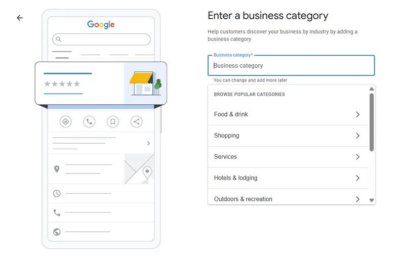 Official business category selection in Google Business Profile